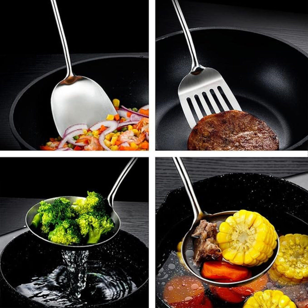 BowLift | Gleaming Stainless Steel Wooden Utensils | 6Pcs Set