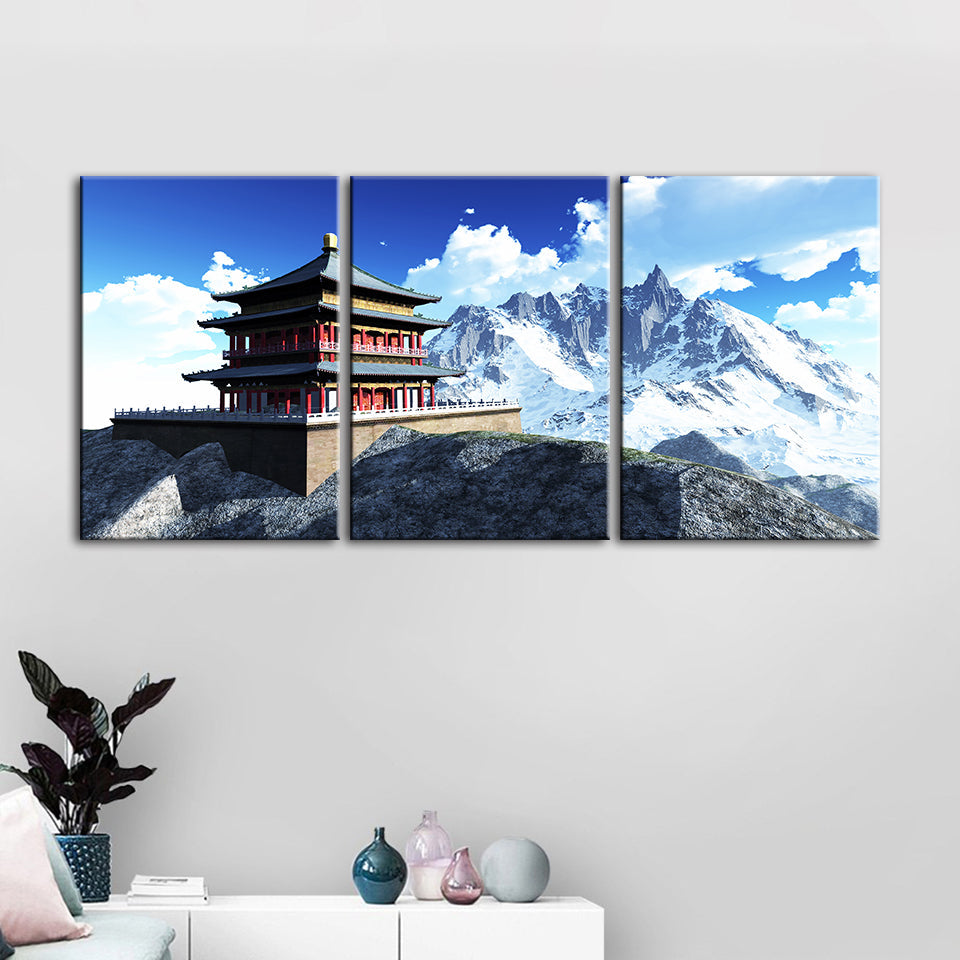Temple In The Mountains 3 Piece - Canvas Wall Art Painting | Bowlift