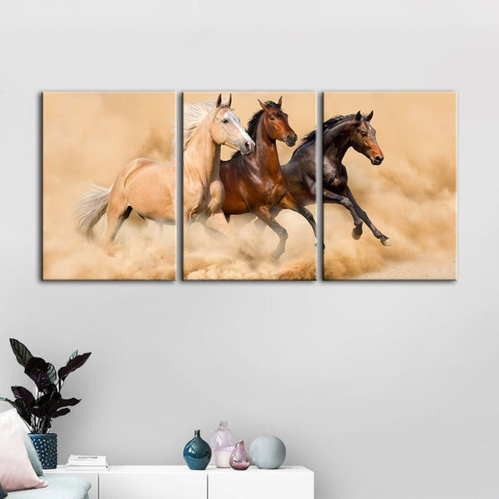 Three Running Horses In Desert-Canvas Wall Art Painting 3 Pieces | Bowlift