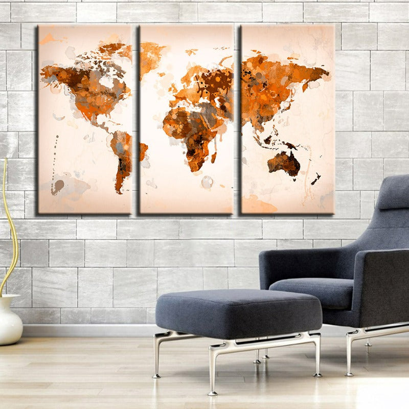 Beautiful Abstract Brown World Map-Canvas Wall Art Painting 3 Pieces | Bowlift