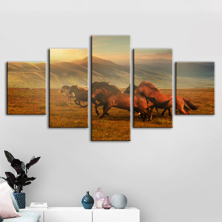 5 Piece Running Horses With Beautiful Landscape - Canvas Wall Art Painting | Bowlift