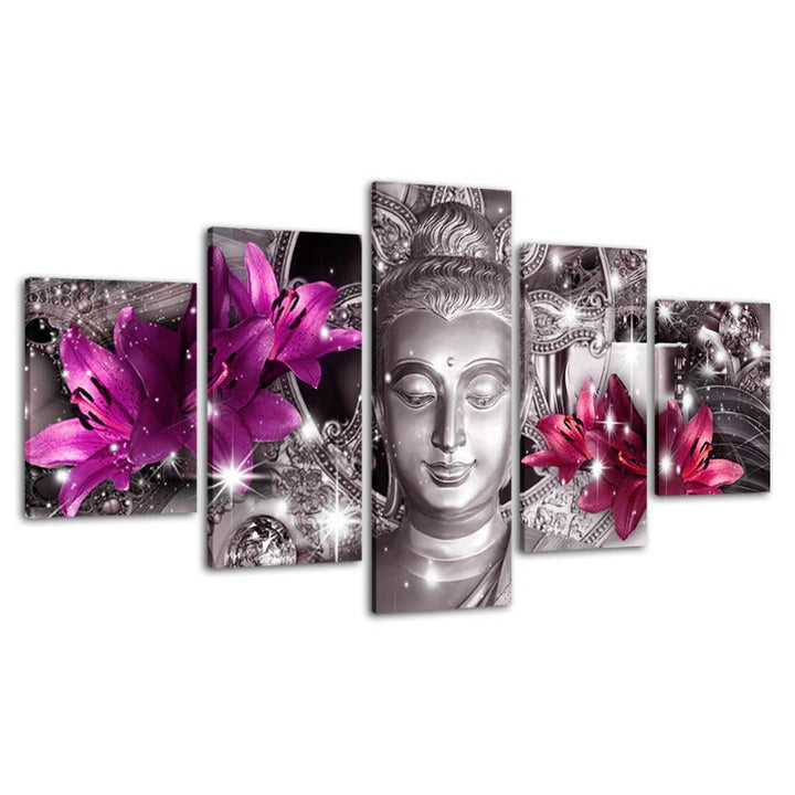 5 Piece Buddha With Purple & Pink Tulip Flower - Canvas Wall Art Painting | Bowlift