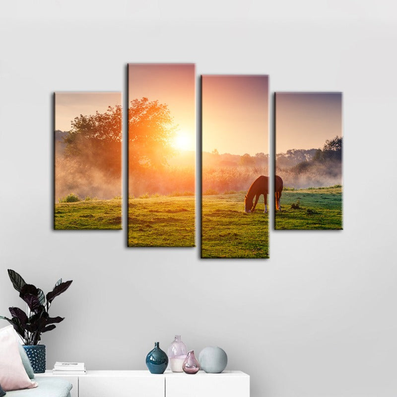 4 Piece Sunrise Grazing Horse - Canvas Wall Art Painting | Bowlift