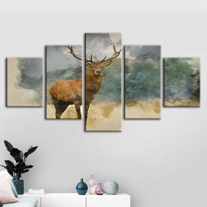 5 Piece Watercolor Plains Deer - Canvas Wall Art Painting | Bowlift