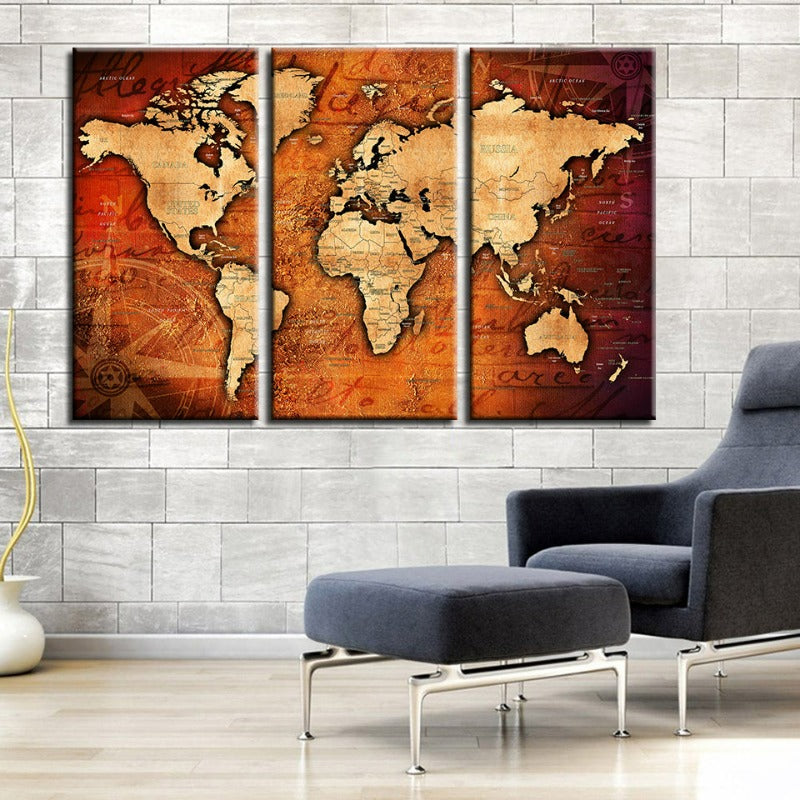 Brown & Red Rustic World Map-Canvas Wall Art Painting 3 Pieces | Bowlift
