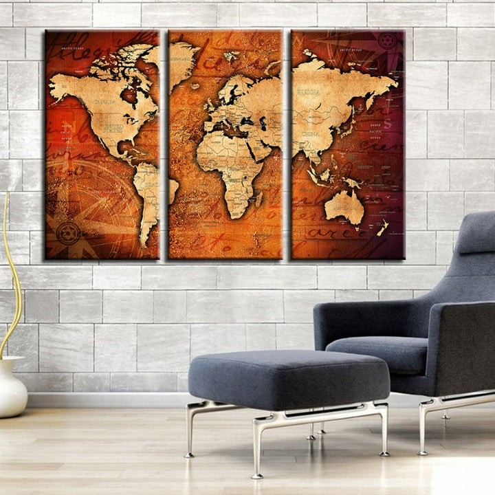 Brown & Red Rustic World Map-Canvas Wall Art Painting 3 Pieces | Bowlift