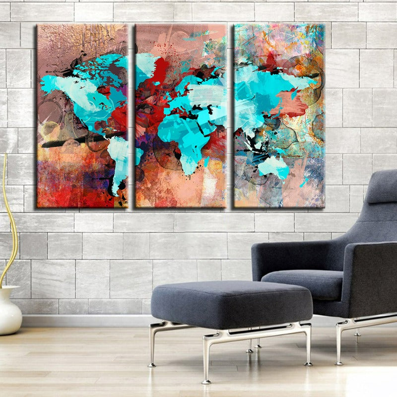 Beautiful Abstract Sea Blue & Red World Map-Canvas Wall Art Painting 3 Pieces | Bowlift