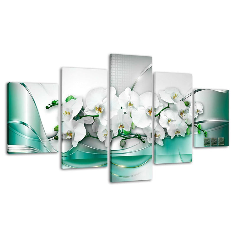 5 Piece Sea Green Background White Tulip Flower - Canvas Wall Art Painting | Bowlift
