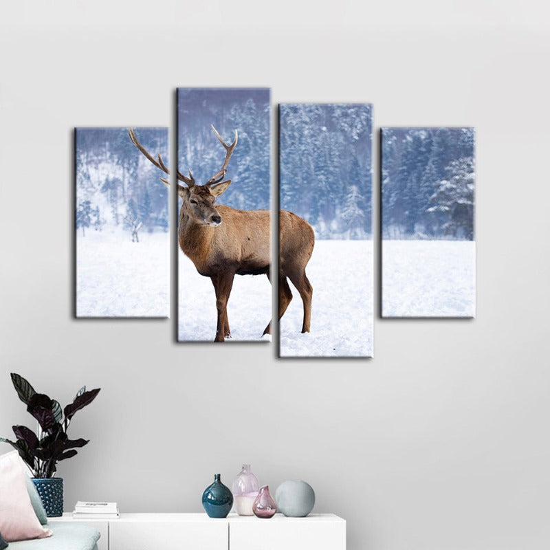 4 Piece Snowy Landscape Deer - Canvas Wall Art Painting | Bowlift
