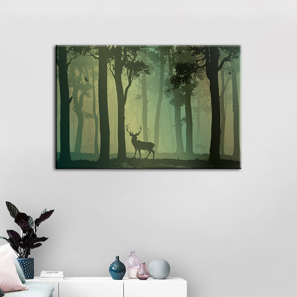 Enchanted Green Toned Silhouetted Deer - Canvas Wall Art Painting | Bowlift