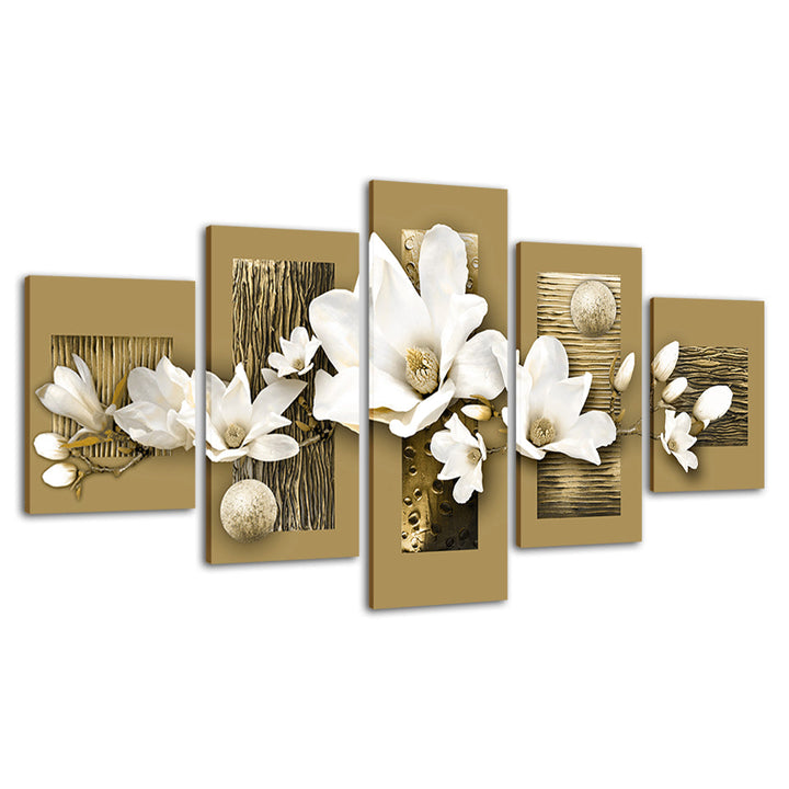 Golden Accents And White Magnolias 5 Piece - Canvas Wall Art Painting | Bowlift