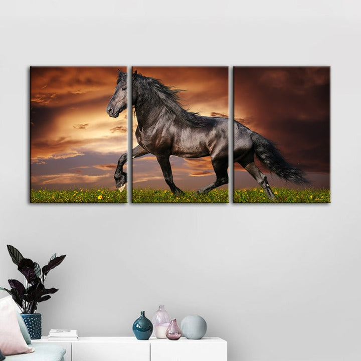 Running Black Horse-Canvas Wall Art Painting 3 Pieces | Bowlift