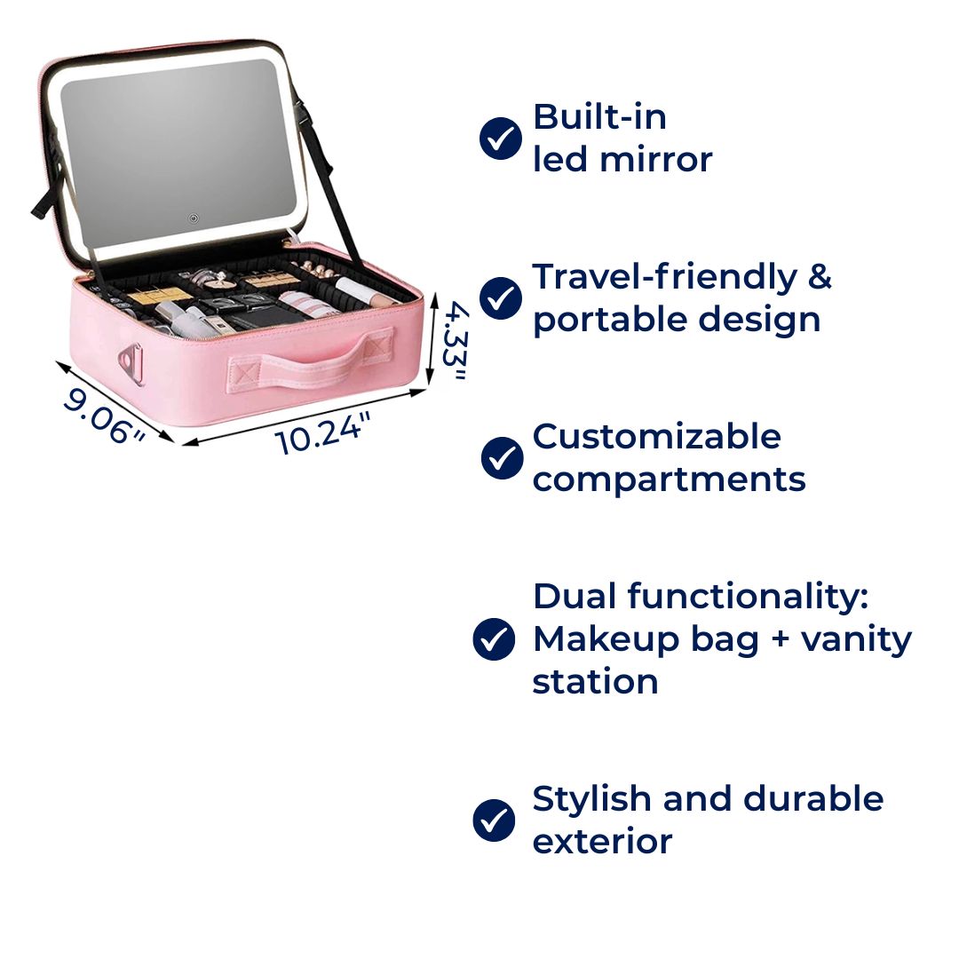 GlamOrganize | Makeup & Toiletry Bag - Cosmetic Organiser - LED Mirror - Compact Storage for Makeup and Skincare - Travel-Friendly Bowlift