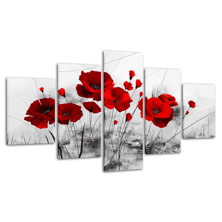 Bold Red Poppies 5 Piece - Canvas Wall Art Painting | Bowlift