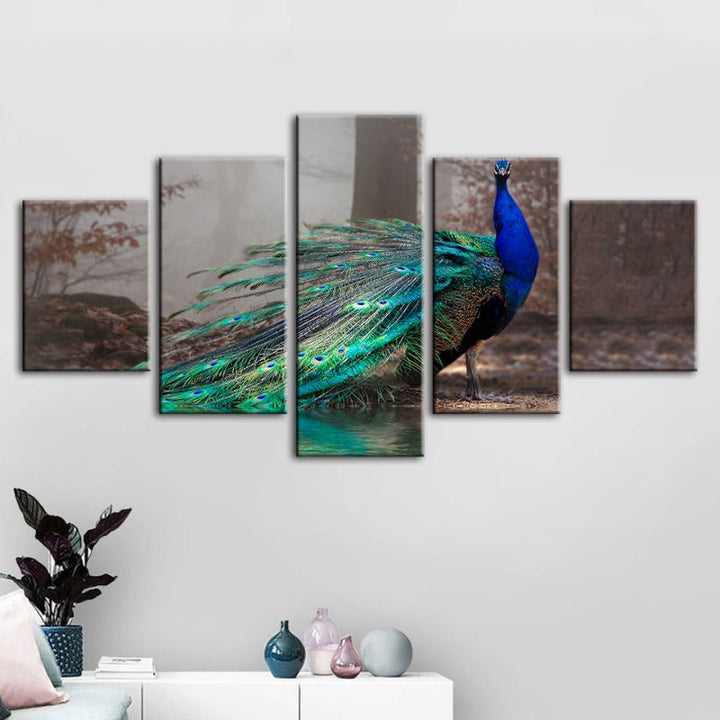 5 Piece Vivid Peacock by the Pond - Canvas Wall Art Painting | Bowlift
