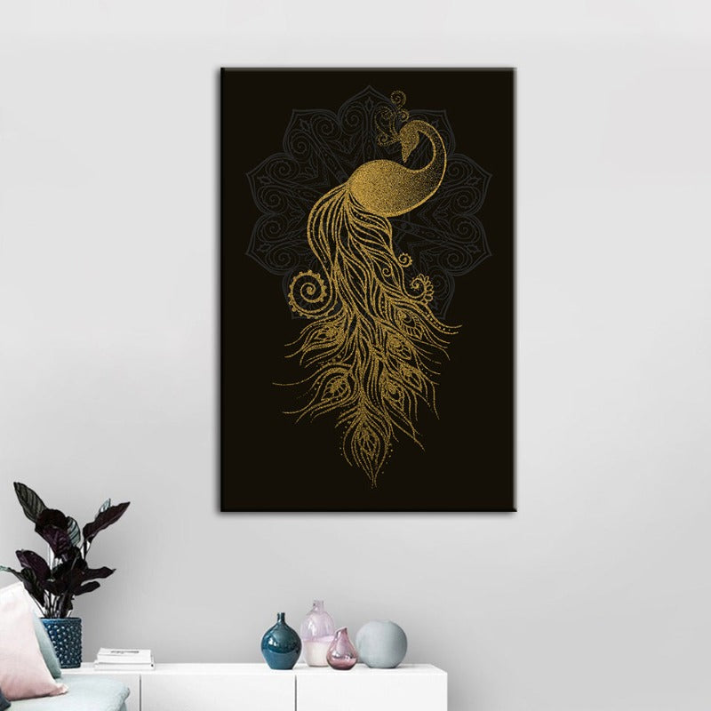 Abstract Golden Mandala Peacock - Canvas Wall Art Painting | Bowlift