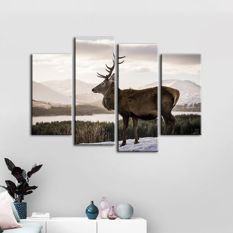 4 Piece Somber Winter Deer - Canvas Wall Art Painting | Bowlift