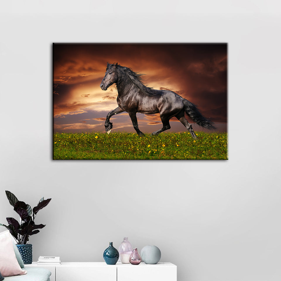 Running Black Horse - Canvas Wall Art Painting | Bowlift