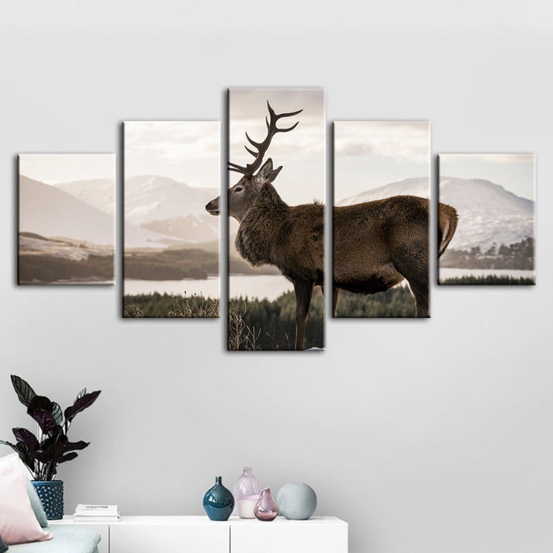 5 Piece Somber Winter Deer - Canvas Wall Art Painting | Bowlift