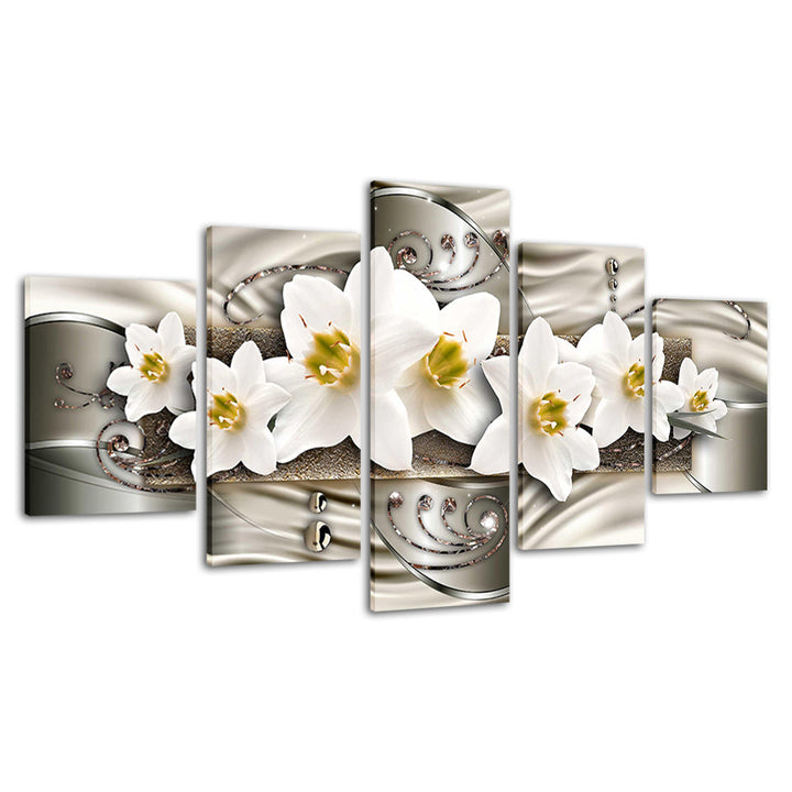 Classy White Flowers 5 Piece - Canvas Wall Art Painting | Bowlift