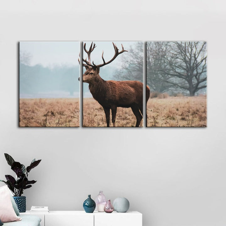 Regal Deer In The Plains-Canvas Wall Art Painting 3 Pieces | Bowlift