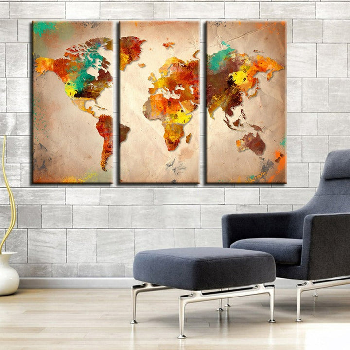 Beautiful Abstract Multi-Color World Map-Canvas Wall Art Painting 3 Pieces | Bowlift