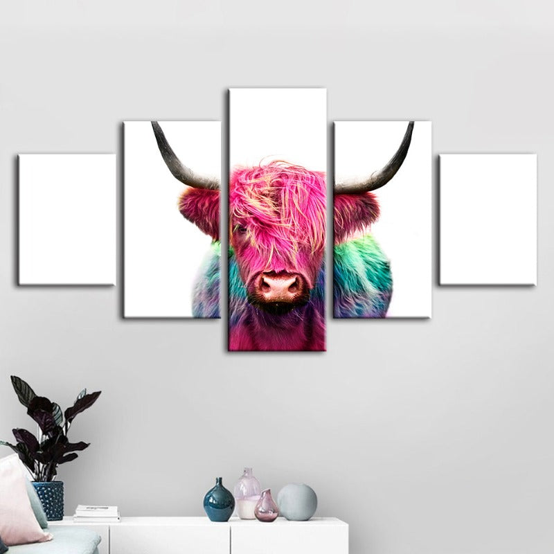5 Piece Colorful Pink Cow - Canvas Wall Art Painting | Bowlift