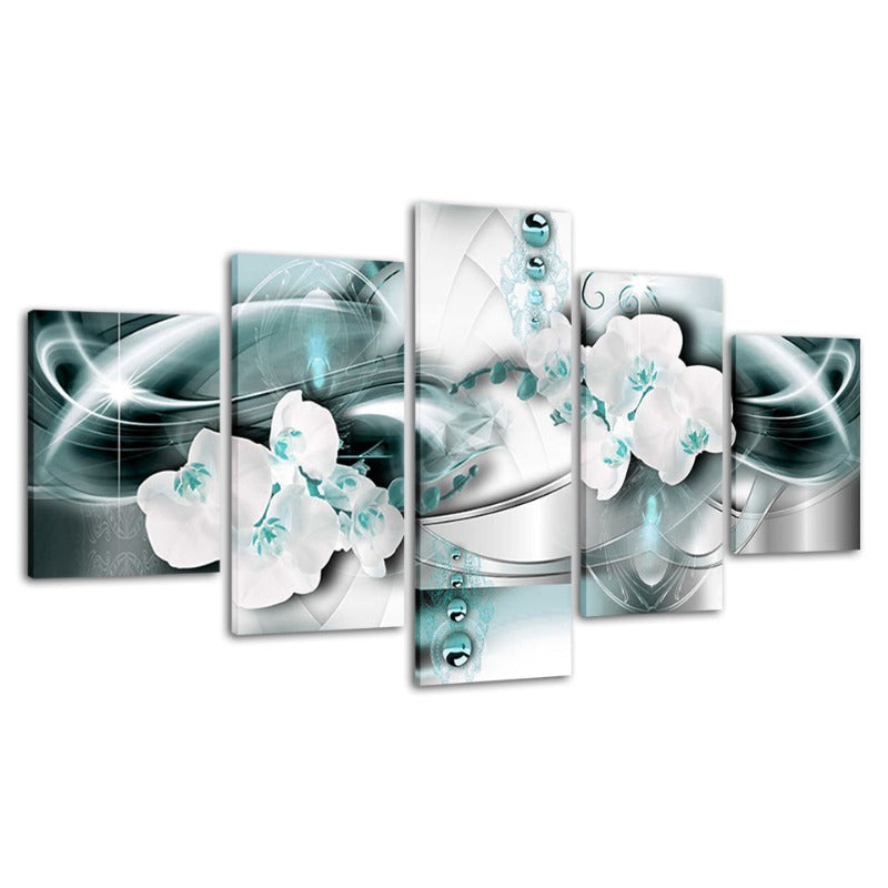 5 Piece Sea Blue Background & Hue White Flower - Canvas Wall Art Painting | Bowlift