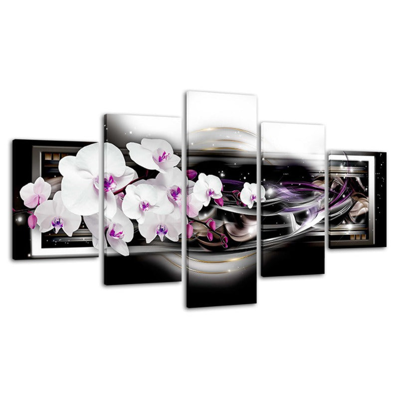 5 Piece Black Background Purple Hue White Flower - Canvas Wall Art Painting | Bowlift