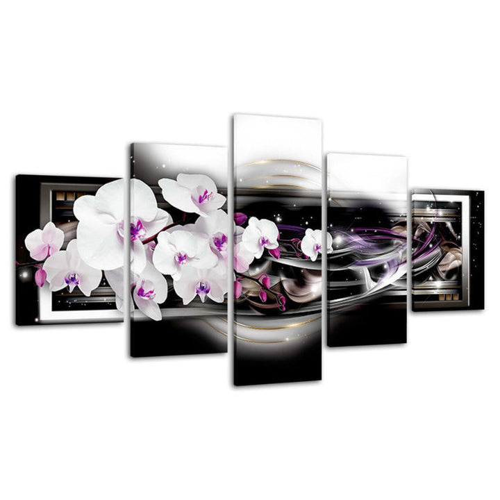 5 Piece Black Background Purple Hue White Flower - Canvas Wall Art Painting | Bowlift
