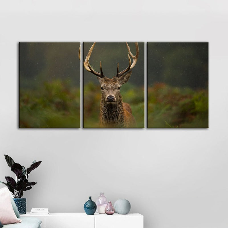 Curios Deer Amongst Ferns-Canvas Wall Art Painting 3 Pieces | Bowlift