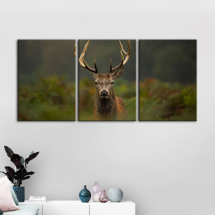Curios Deer Amongst Ferns-Canvas Wall Art Painting 3 Pieces | Bowlift