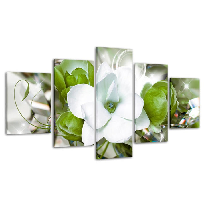 5 Piece Green Background White Flower - Canvas Wall Art Painting | Bowlift