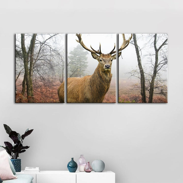 Misty Fall Deer-Canvas Wall Art Painting 3 Pieces | Bowlift