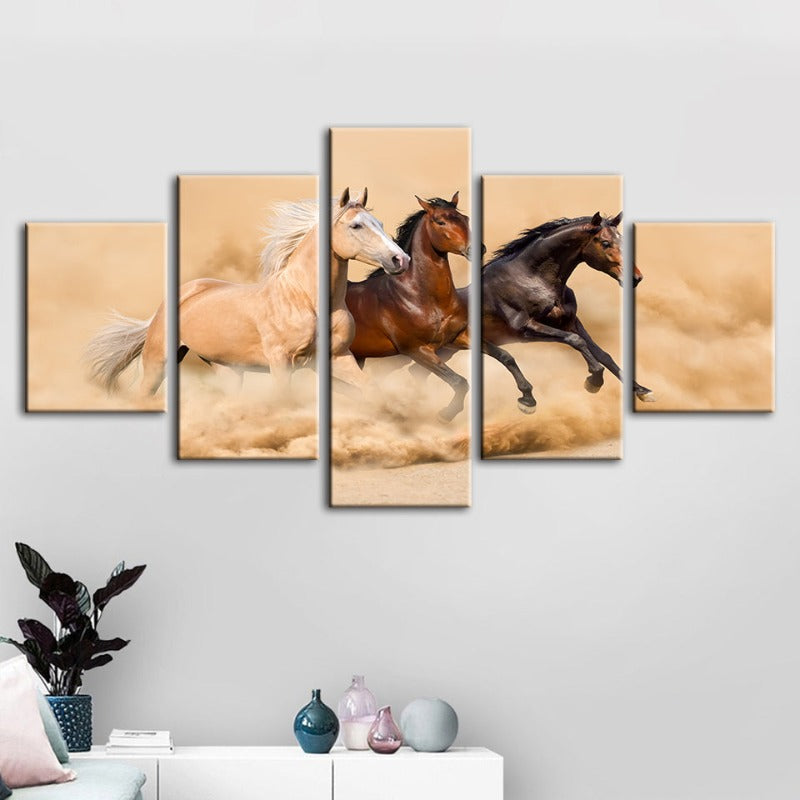 5 Piece Three Running Horses in Desert - Canvas Wall Art Painting | Bowlift