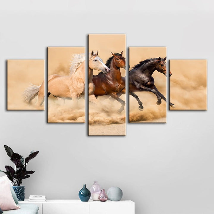 5 Piece Three Running Horses in Desert - Canvas Wall Art Painting | Bowlift