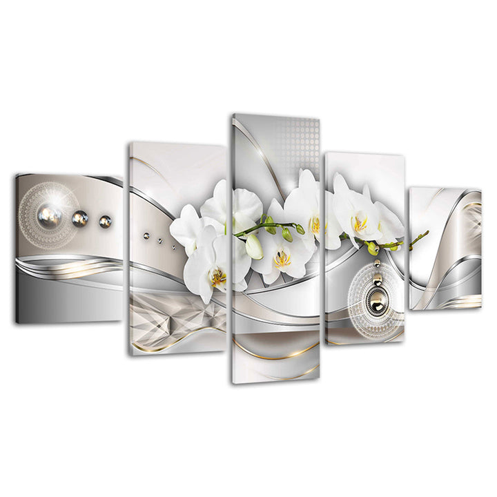 White Orchids And Metal Beads 5 Piece - Canvas Wall Art Painting | Bowlift