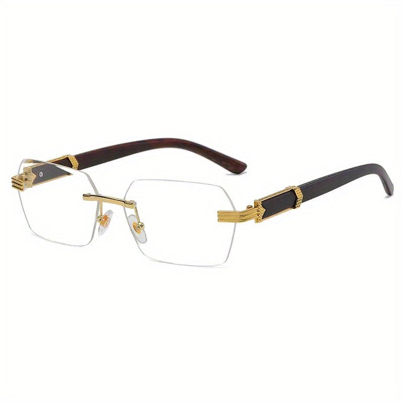 Rimless Sunglasses with Rectangular Lenses and Faux Wood Temples – Verro | Bowlift