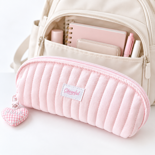 Cute Plush-Lined Zip Cosmetic Pouch with Bunny Charm Bowlift