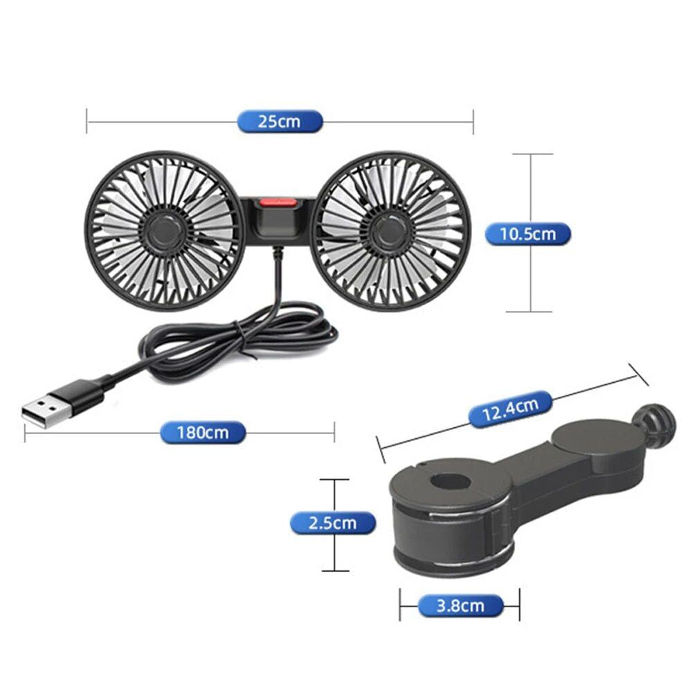 Dual Head USB Car Fan with 360° Rotation for 12V/24V Vehicles | Bowlift