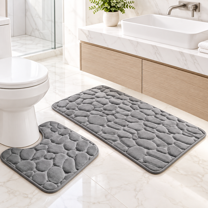 Non-Slip Memory Foam Pebble-Texture Bath Mat Set Bowlift