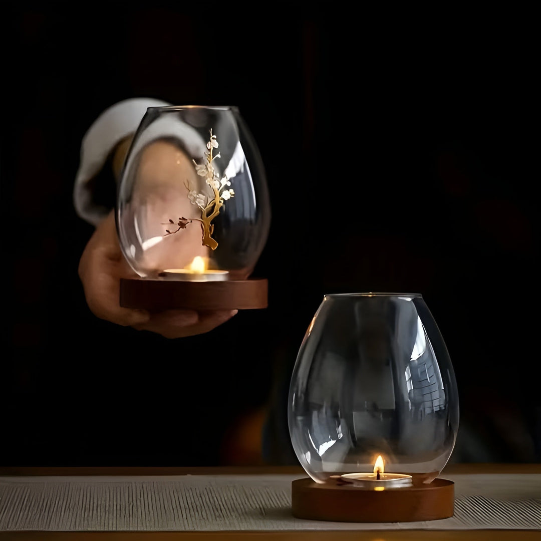 2-piece set glass candle holders with wooden base - decorative in retro zen style | perfect for living room, taBowlifte decoration and outdoor | Bowlift