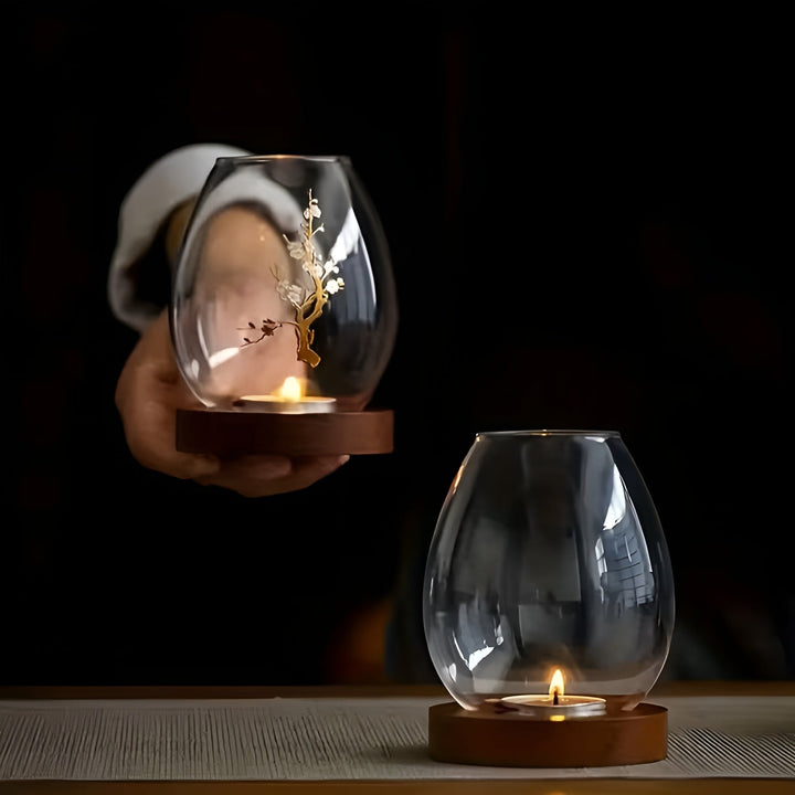 2-piece set glass candle holders with wooden base - decorative in retro zen style | perfect for living room, taBowlifte decoration and outdoor | Bowlift