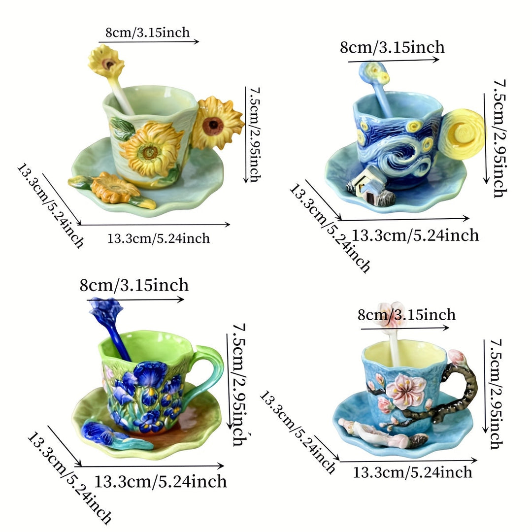ArtSip Ceramic Mug & Saucer Set – Hand-painted 3D Design inspired by Van Gogh | Bowlift