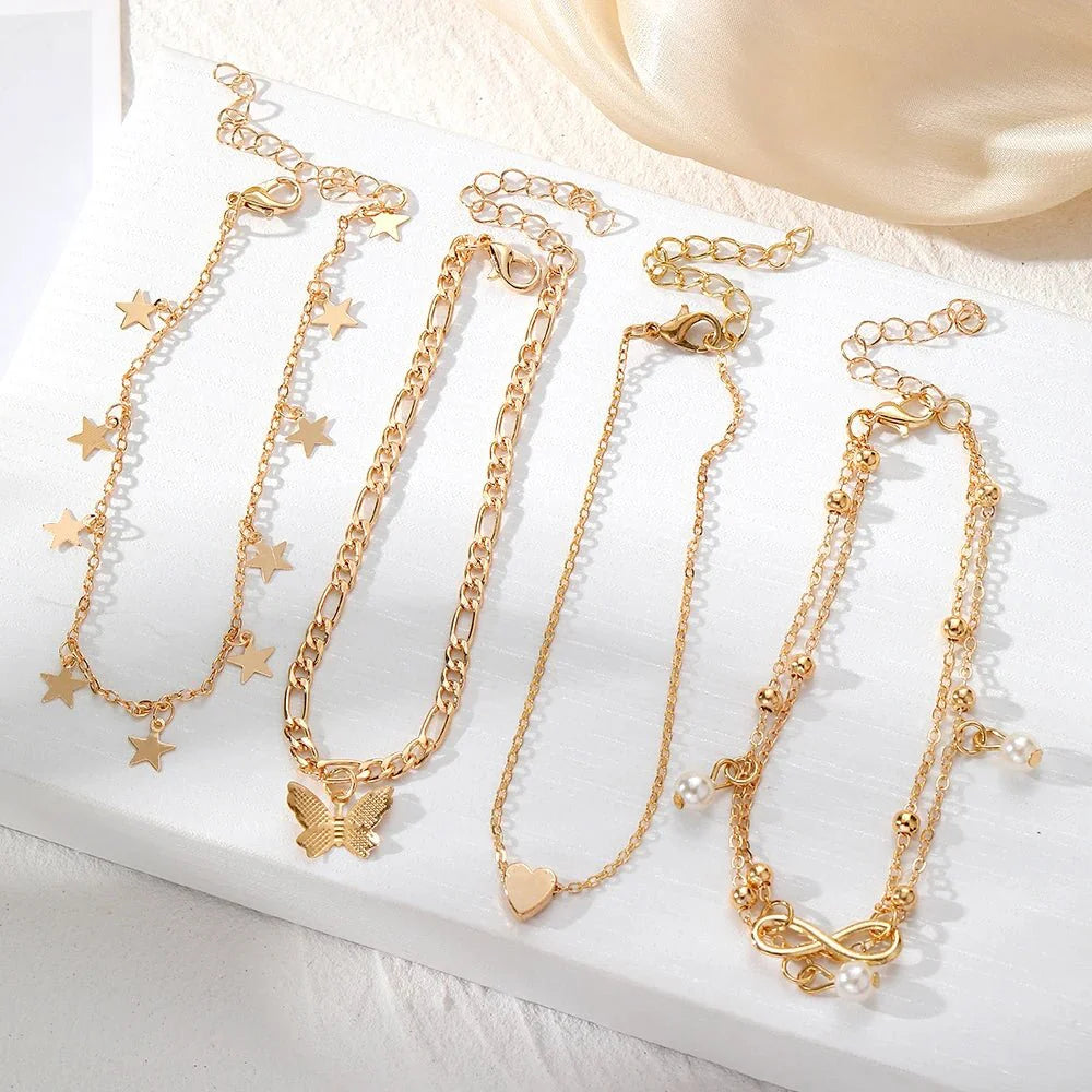BowLift | 5pcs Dainty Feminine Anklet Set (Stars, Heart, Butterfly, Infinity, Pearls)