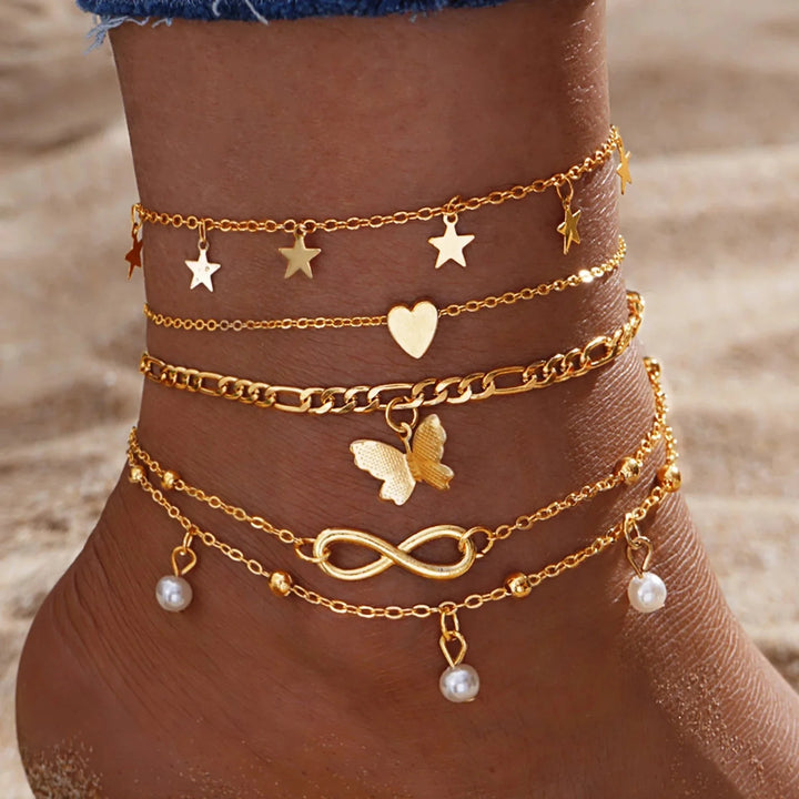 BowLift | 5pcs Dainty Feminine Anklet Set (Stars, Heart, Butterfly, Infinity, Pearls)