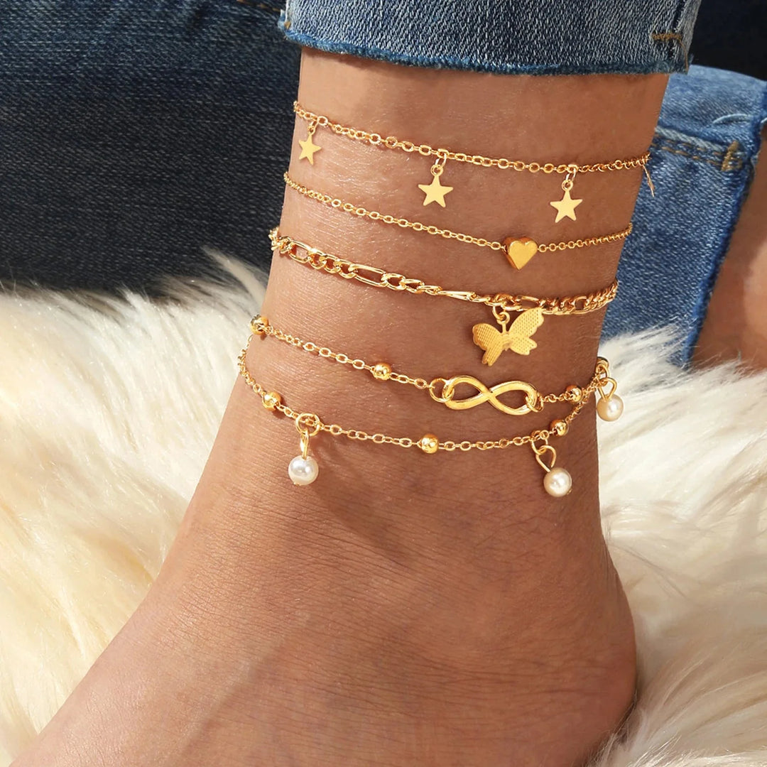 BowLift | 5pcs Dainty Feminine Anklet Set (Stars, Heart, Butterfly, Infinity, Pearls)