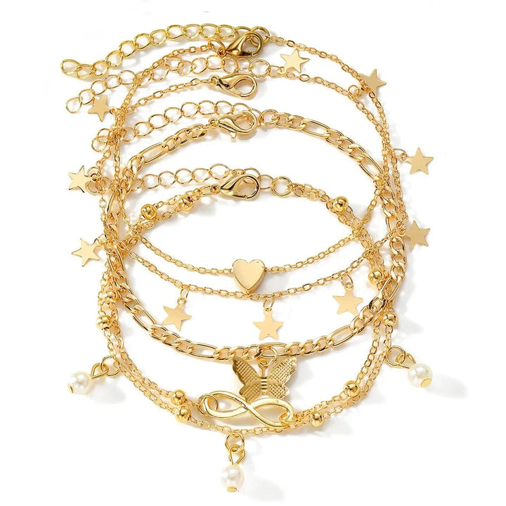 BowLift | 5pcs Dainty Feminine Anklet Set (Stars, Heart, Butterfly, Infinity, Pearls)