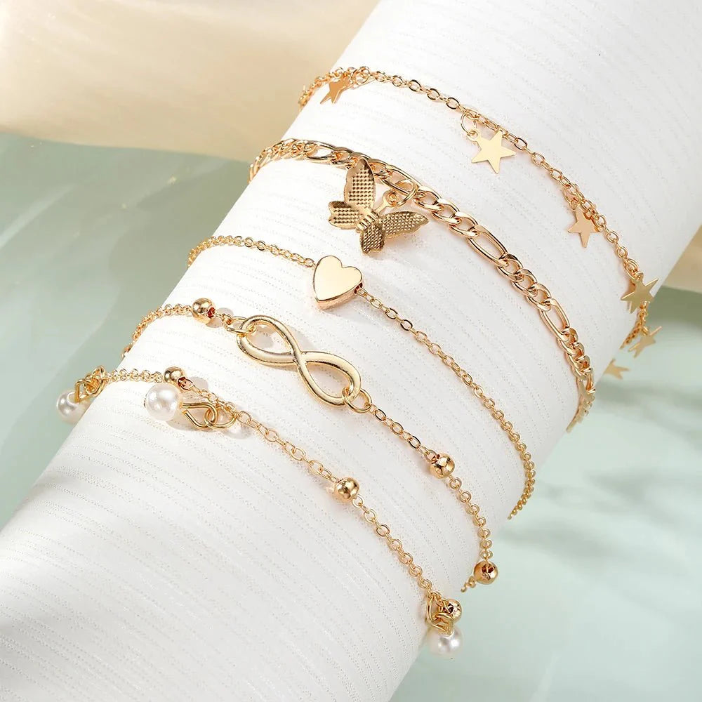 BowLift | 5pcs Dainty Feminine Anklet Set (Stars, Heart, Butterfly, Infinity, Pearls)
