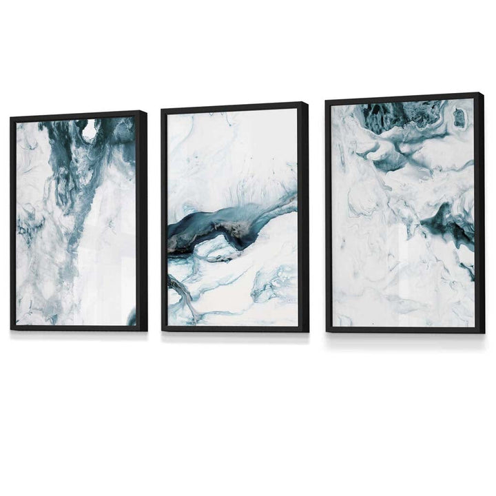 Abstract Teal and White Set of 3 Framed Wall Art | Bowlift